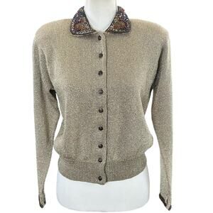 Valerie Stevens Cardigan Women Sz Small Metallic Gold Knit Beaded Buttoned Retro